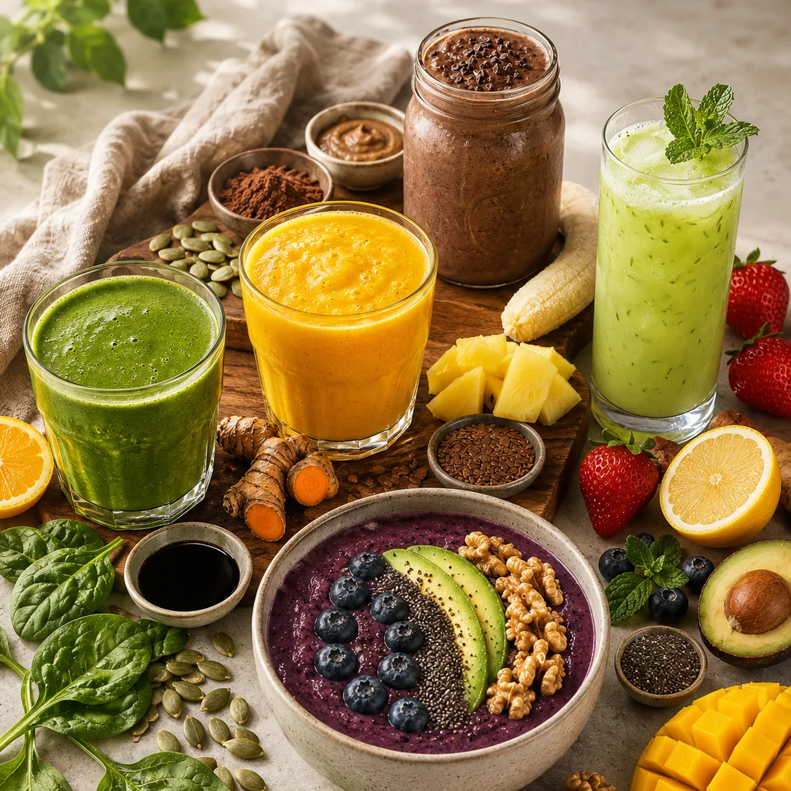 Five colorful hair-growth smoothies and fresh juices with fruits, greens, and seeds