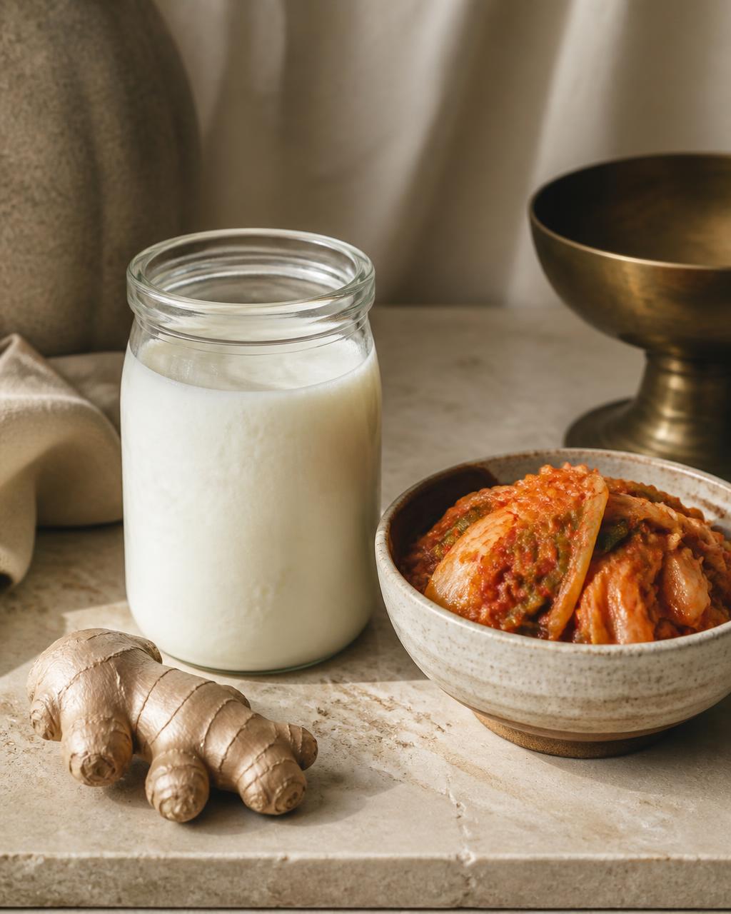 Kefir, kimchi and fresh ginger on a warm stone counter.