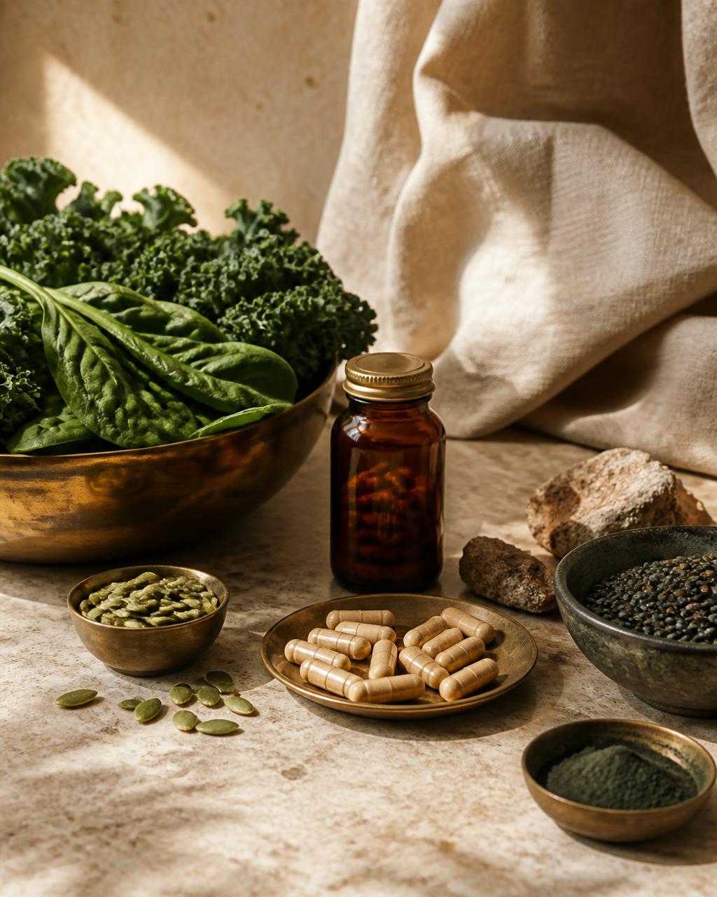 Iron-rich greens, seeds and supplement capsules arranged on a cream stone surface.
