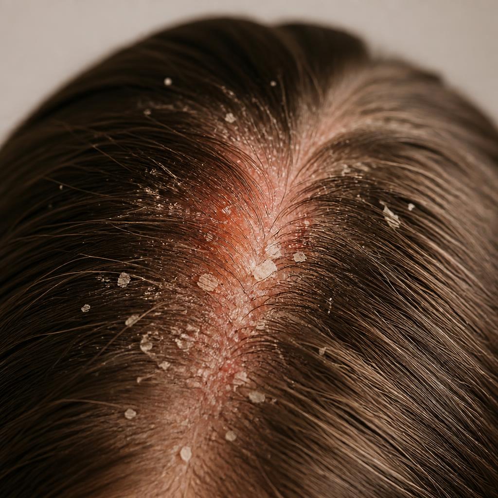 Macro view of a scalp parting showing flakes and irritation from seborrheic dermatitis.